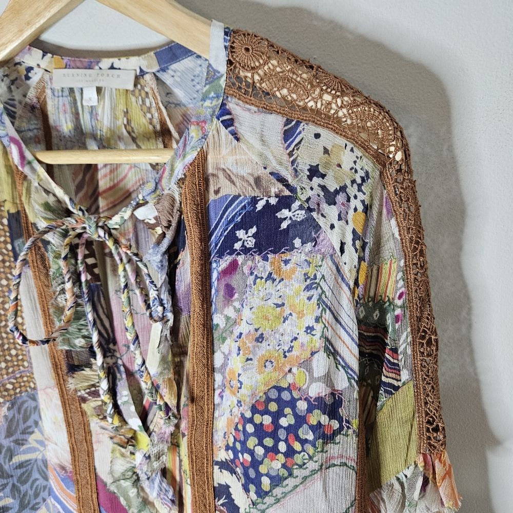 Burning Torch Silk Patchwork Blouse Long Puff Sle… - image 3